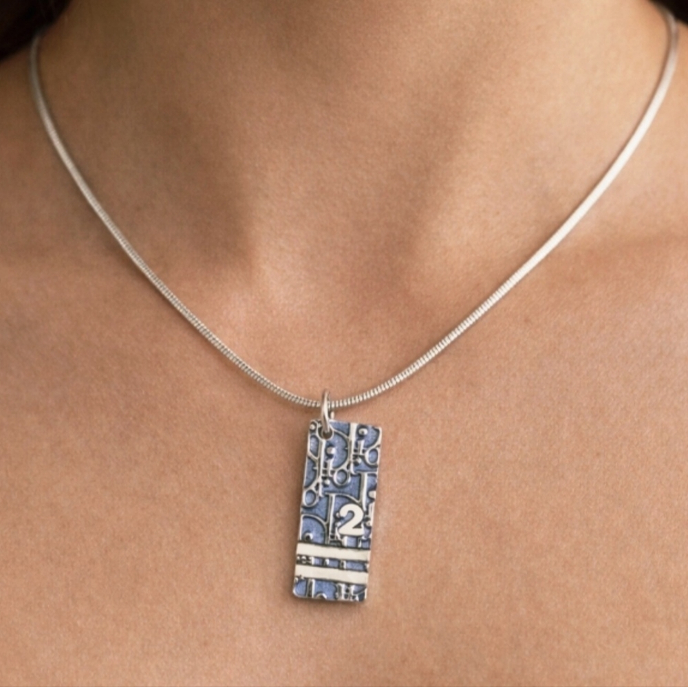 Dior Trotter Oblique Silver & Blue Number 2 Rectangular Plate Necklace